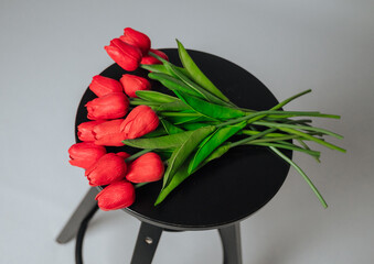 a bouquet of red tulips on a white background