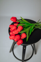 a bouquet of red tulips on a white background