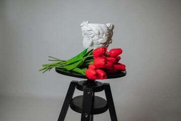 a bouquet of red tulips on a white background