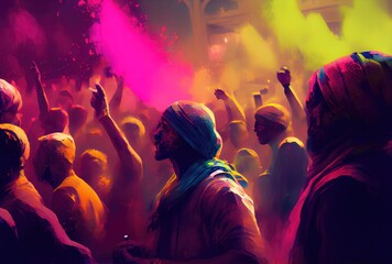 Hindu people with colorful starch powder in Holi festival or festival of colors. Generative AI