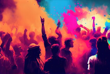 Hindu people with colorful starch powder in Holi festival or festival of colors. Generative AI