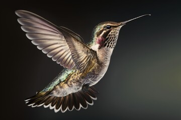Obraz premium Tight Shot of a Female Ruby Throated Hummingbird Floating in the Air. Generative AI