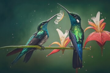 Two vivid hummingbirds, one blue and one green, a White necked Jacobin (Florisuga mellivora) and an Andean emerald (Amazilia franciae), eat from a banana bloom dripping with showers in front of a hazy