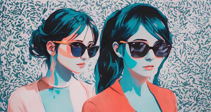 Painting portrait of two young women in sunglasses on abstract painting background. Generative AI