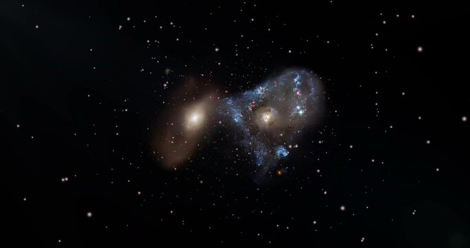 A wide view of a spectacular head-on collision between two galaxies fueled the unusual triangular-shaped star-birthing frenzy. Zooming into ARP 143 in the constellation of Lynx.