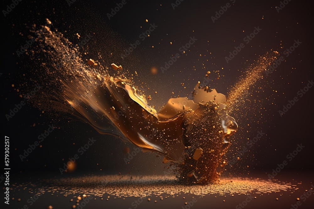 Poster a splash of caramel, swirls of sweet liquid caramel, a wave splashing droplets.generative ai