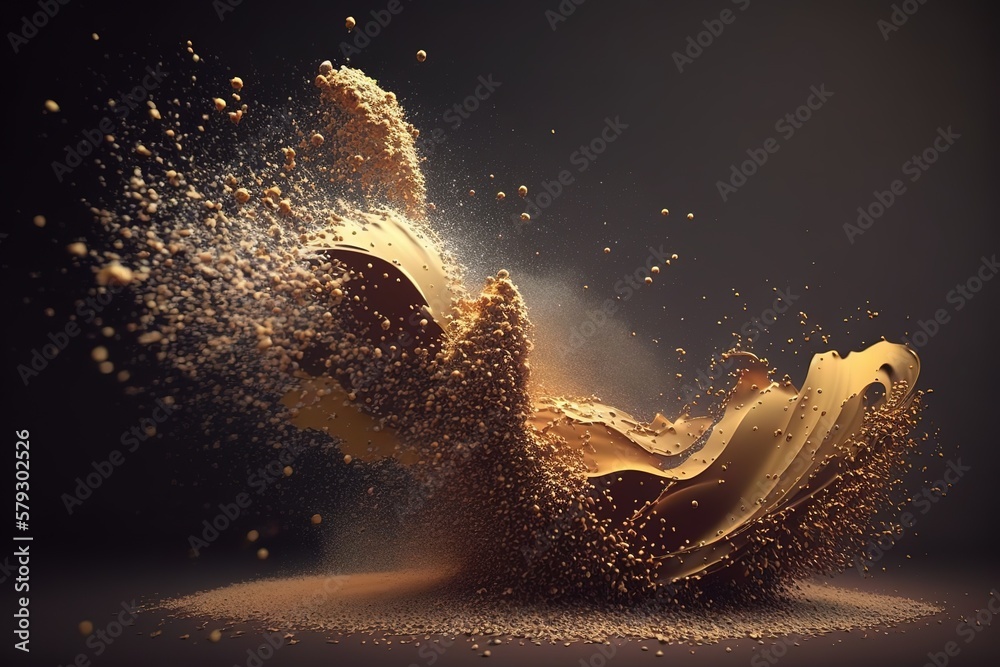 Poster a splash of caramel, swirls of sweet liquid caramel, a wave splashing droplets.generative ai