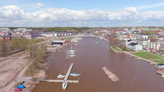 Porvoo, Finland: Aerial view of Nordic city in spring - landscape panorama of Northern Europe from above