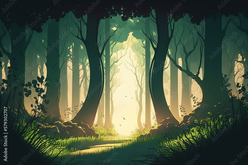 Poster Forest landscape, light from the sun with green trees and grass from the paths into the forest.Generative AI