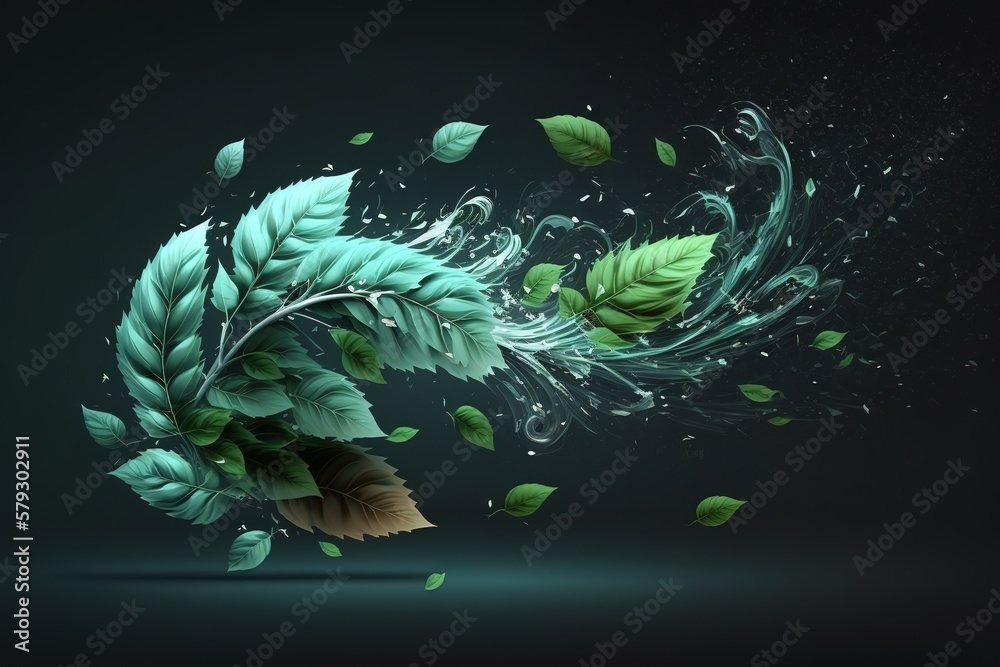 Poster Abstraction of voluminous green leaves in the wind on a dark background.Generative AI