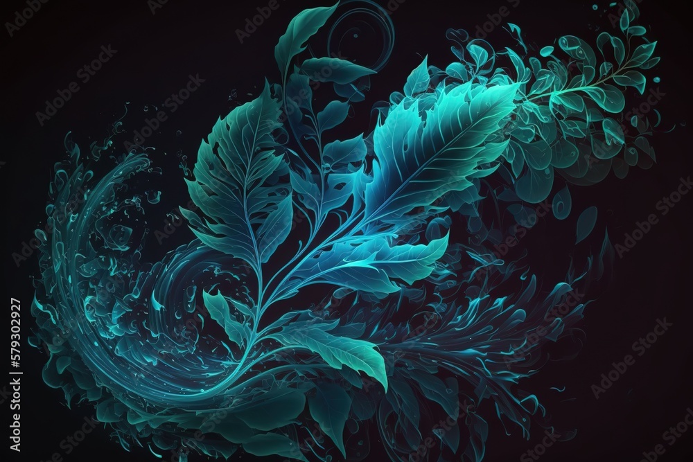 Aufkleber abstraction of voluminous green leaves in the wind on a dark background.generative ai