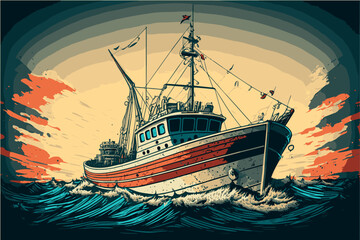 Fishing boat. Vector art illustration of boat on water. Ship floating on the sea. Marine vessel on the ocean. Fishing industry.  Motor boat. Vintage sketch of people fishing fishes. Isolated graphics