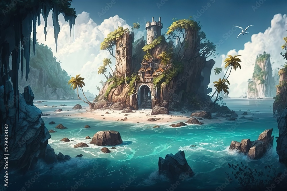 Wall mural A fantastic picture, an island in the ocean, an uninhabited island with a beach, palm trees, jungle vines.Generative AI