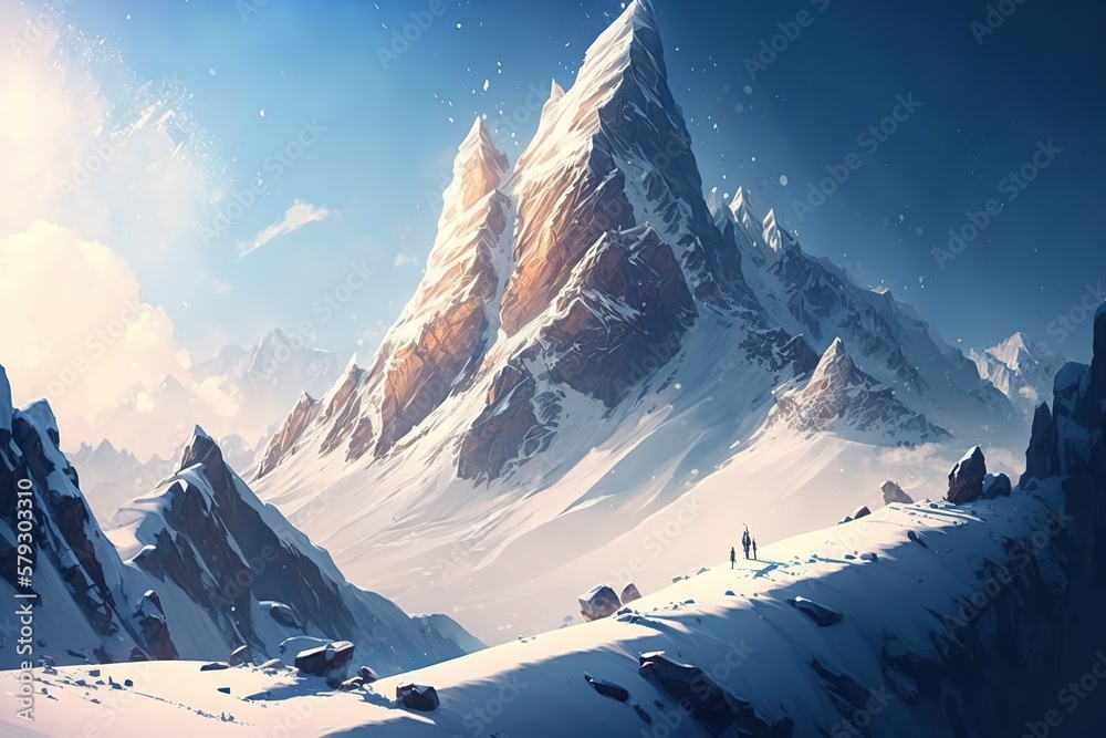Poster landscape of a high mountain peak with snow and ice.generative ai