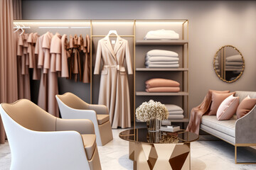 Modern interior design of female clothing store. Super photo realistic background. Generative ai illustration