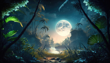 Obraz na płótnie Canvas Fantastic jungle in the evening, big moon in the sky, wallpaper, created with Generative AI technology.