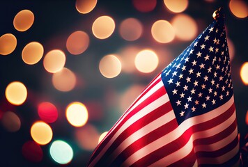 The United States of America USA flag with colorful shiny bokeh light background. Nation flag in the dark with illumination light. National day concept. Generative AI