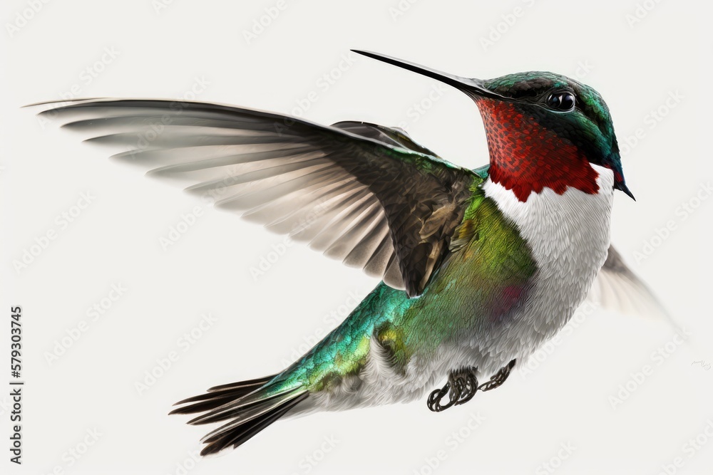 Sticker Against a white background, a male Ruby throated Hummingbird (Archilochus colubris) flies. Generative AI