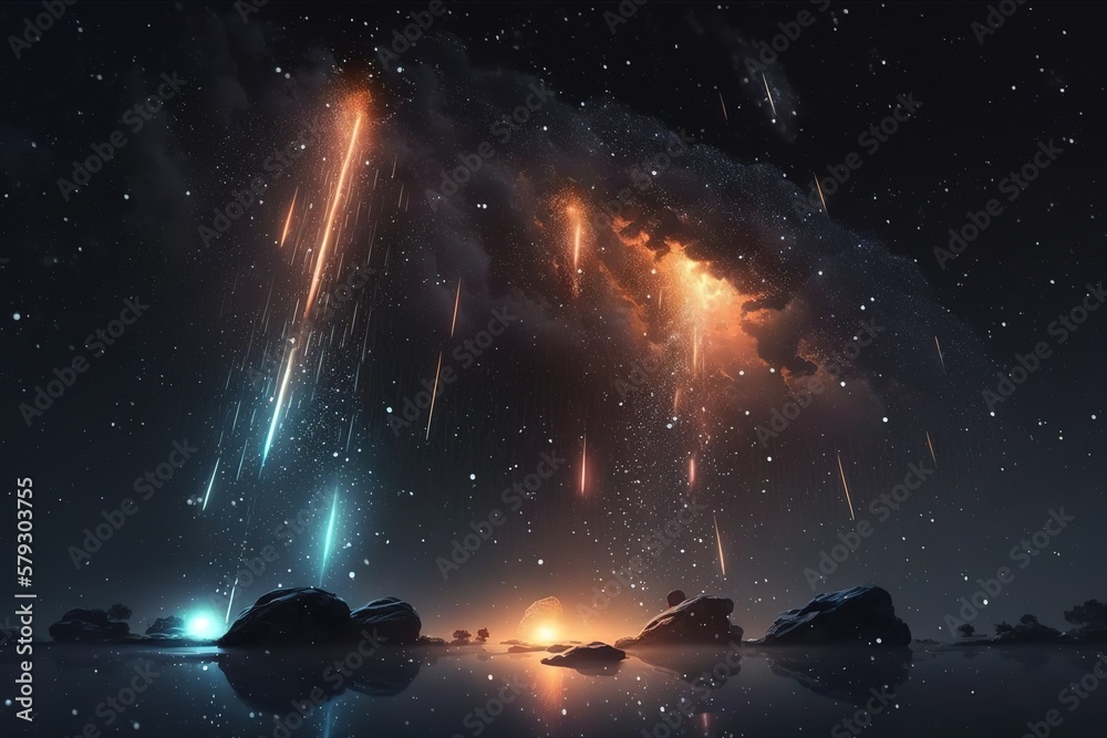 Poster Meteor shower in space, with the effect of stardust, comet.Generative AI