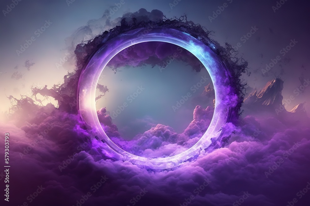 Poster round glowing frame, neon circle frame with smoke on the water surface.generative ai