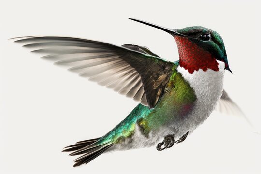 Against a white background, a male Ruby throated Hummingbird (Archilochus colubris) flies. Generative AI