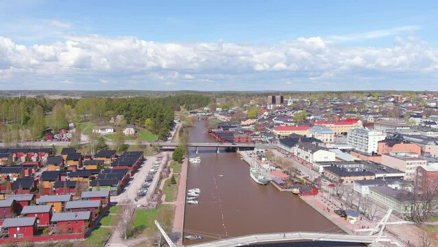Porvoo, Finland: Aerial view of Nordic city in spring - landscape panorama of Northern Europe from above
