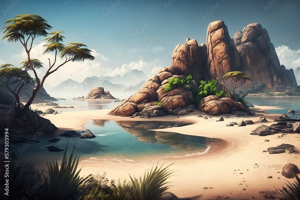 Poster an island in the ocean, an uninhabited island with a beach, palm trees.generative ai