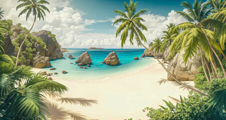 Tropical beach with palm trees and sand illustration