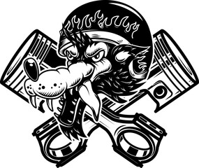 Illustration of the wolf biker with crossed pistons. Design element for logo, label, sign, emblem. Vector illustration