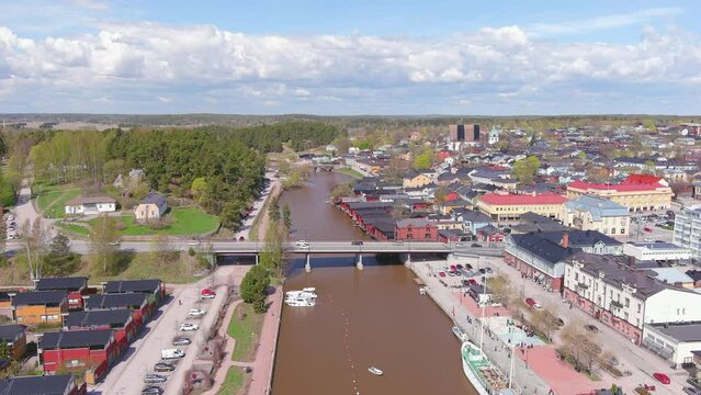 Porvoo, Finland: Aerial view of Nordic city in spring - landscape panorama of Northern Europe from above