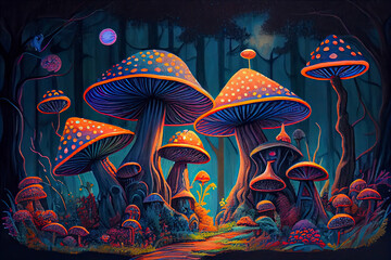 Obraz na płótnie Canvas a group of fantastical mushrooms growing in a rainforest