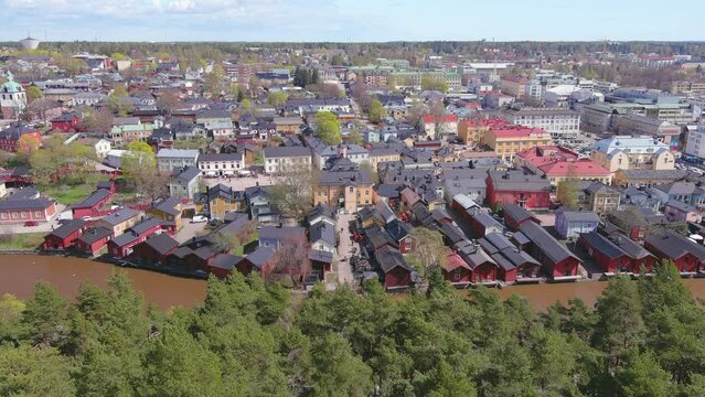 Porvoo, Finland: Aerial view of Nordic city in spring - landscape panorama of Northern Europe from above