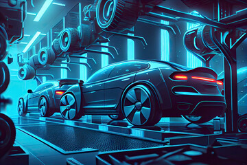 Automation automobile factory concept with 3d rendering robot assembly line in car factory
