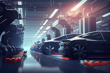 Naklejka premium Automation automobile factory concept with 3d rendering robot assembly line in car factory