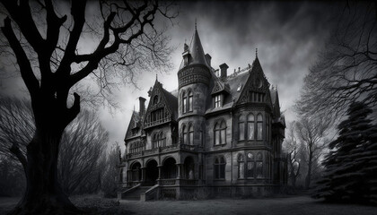 A Futuristic Gothic Victorian Mansion Lost in the Haunted Forest: Discovering | AI Generated