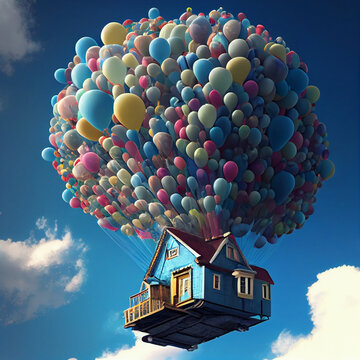 a small house flies in the blue sky on balloons