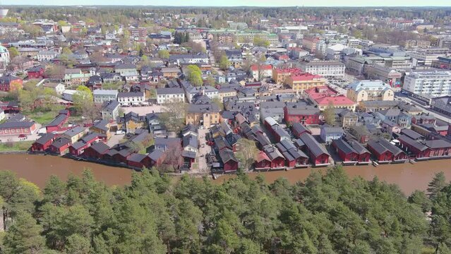 Porvoo, Finland: Aerial view of Nordic city in spring - landscape panorama of Northern Europe from above
