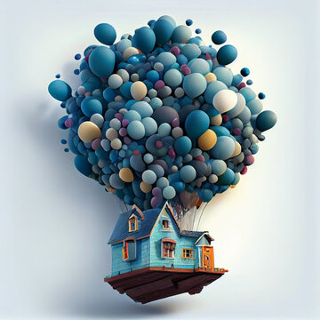 the little house is like a flying ship flying on balloons