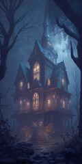 A Futuristic Gothic Victorian Mansion Lost in the Haunted Forest: Discovering | AI Generated