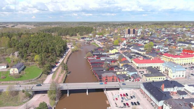 Porvoo, Finland: Aerial view of Nordic city in spring - landscape panorama of Northern Europe from above
