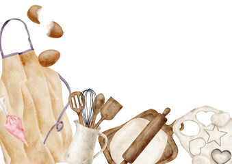 Watercolor baking background. Isolated cooking utensils. Hand drawn apron, rolling pin, whisk, spatula, dough, eggs, cookie cutters. Kitchen tools illustration. Bakery banner, frame template
