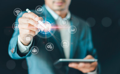 Businessmen touch cloud computing icon network. Cloud technology, Cloud data transfer, and online data storage for business networks confidential data such as internet banking, password, and shopping