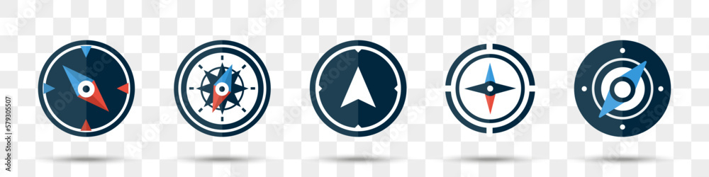 Aufkleber Compass icons collection in a flat design. Set of navigation compass with shadow