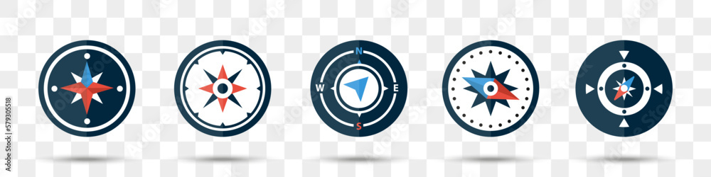 Poster Compass icons collection in a flat design. Set of navigation compass with shadow
