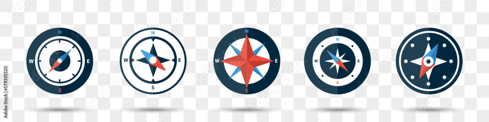 Poster Compass icons collection in a flat design. Set of navigation compass with shadow