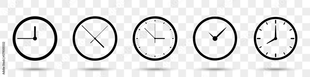 Poster Clock icons collection with shadow. Set of different clock icons