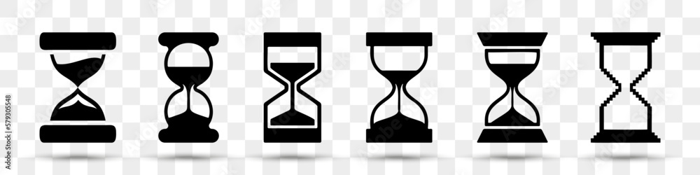 Poster Hourglass icons collection with shadow. Set of different clock icons