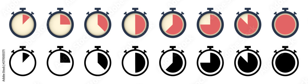 Poster stopwatch icons collection. set of stopwatch icons in different style