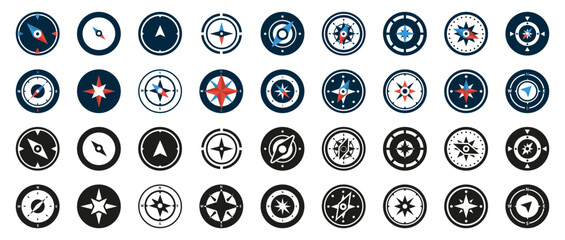 Fototapeta na wymiar Compass icons collection in a flat design. Set of navigation compass in different style