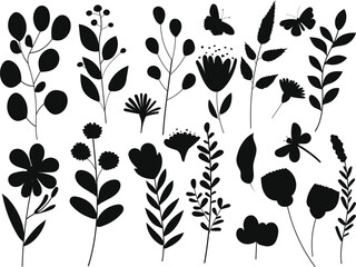 set of plants, flowers silhouette isolated vector